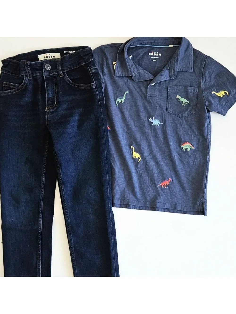Mini Boden 7-8 Embroidered Dinosaur Polo Top Jeans Set